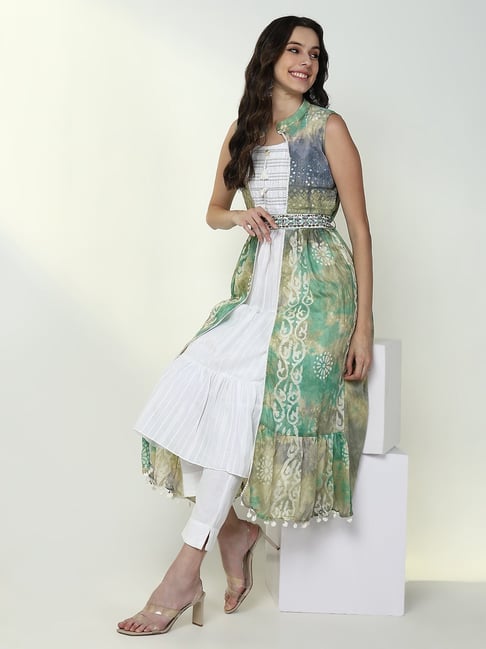 SHOWOFFFF White & Green Regular Fit Kurta With Overcoat & Belt-picture-24