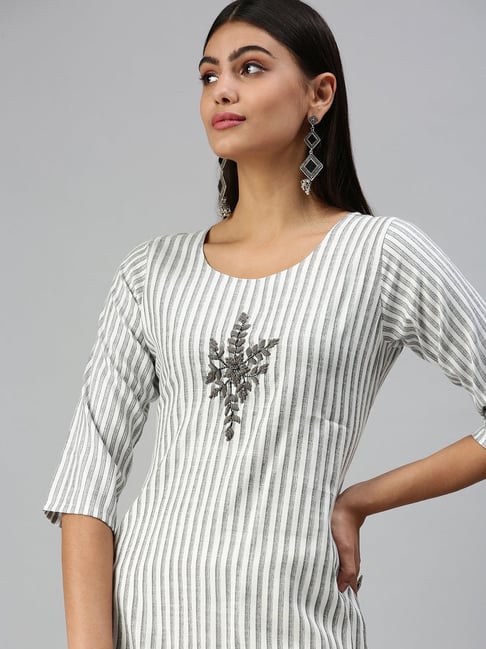 SHOWOFFFF White & Grey Striped Cotton Kurti-picture-42