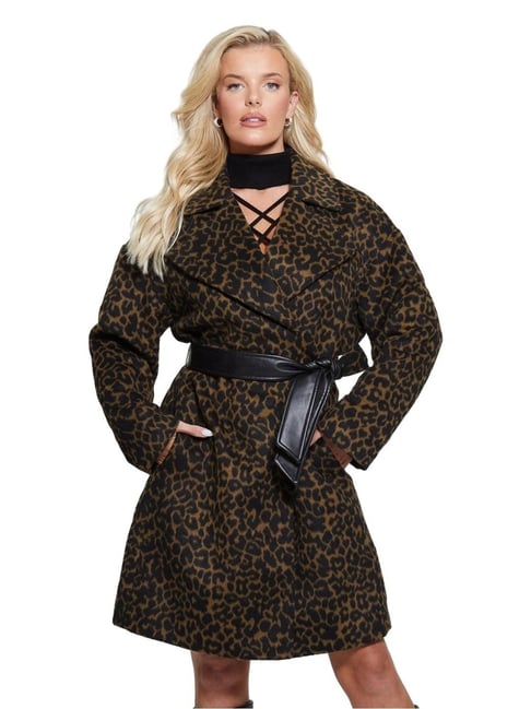Guess Brown Polyester Blend Printed Patrizia Belted Coat