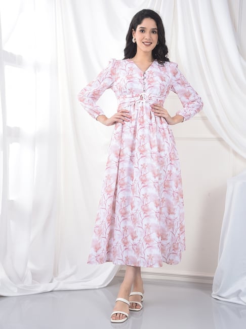 Crimsoune Club Peach Regular Fit Floral Casual Dress