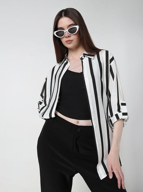 SHOWOFFFF Black Cotton Regular Fit Striped Shirt With Inner-picture-31