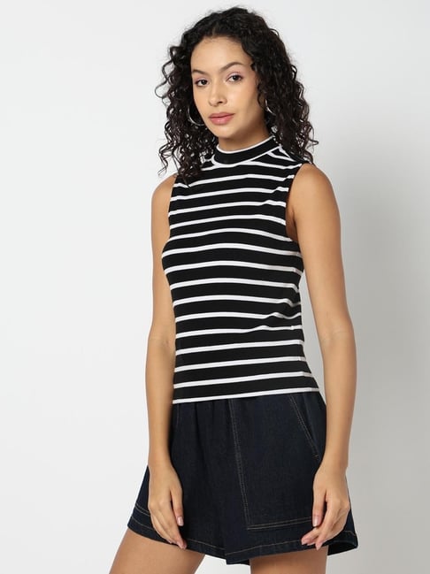 GAP Black Cotton Striped Sleeveless Top
