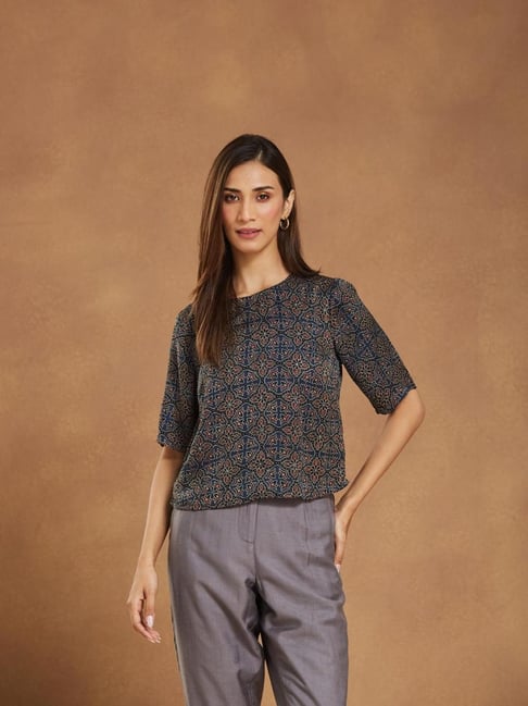 Fabindia Navy Rayon Blend Ajrakh Printed Short Top-picture-36