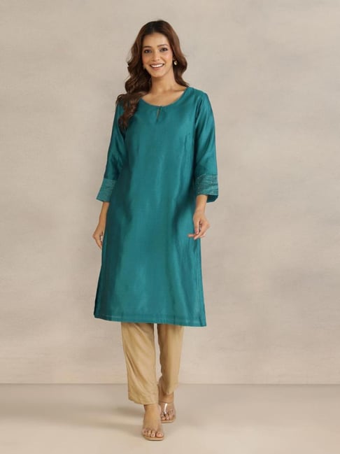 Fabindia Teal Cotton Silk Embroidered Regular Fit Kurta-image-24