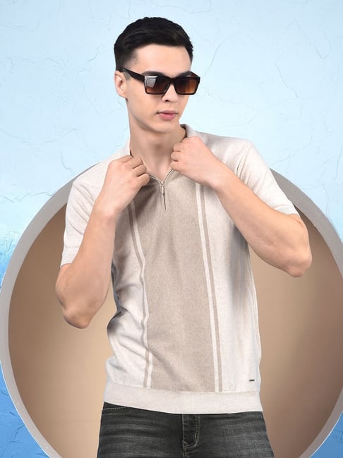 Crimsoune Club Beige Regular Fit Striped Polo T-Shirt-picture-10