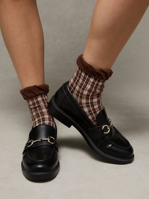 American Eagle Ruffle Plaid Brown Printed Socks - Pair of 2