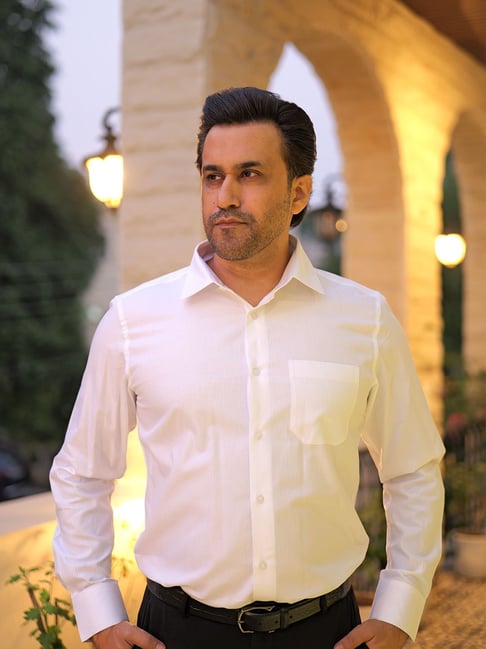 The Formal Club Cloud White Crest Self Stripe French Cuff Giza Cotton Regular Fit Shirt