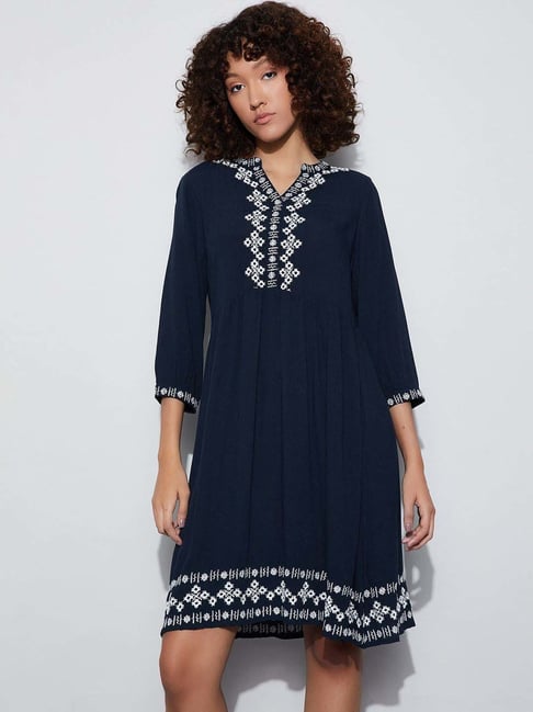 Fame Forever By Lifestyle Dark Blue Regular Fit Embroidered Dress-picture-40