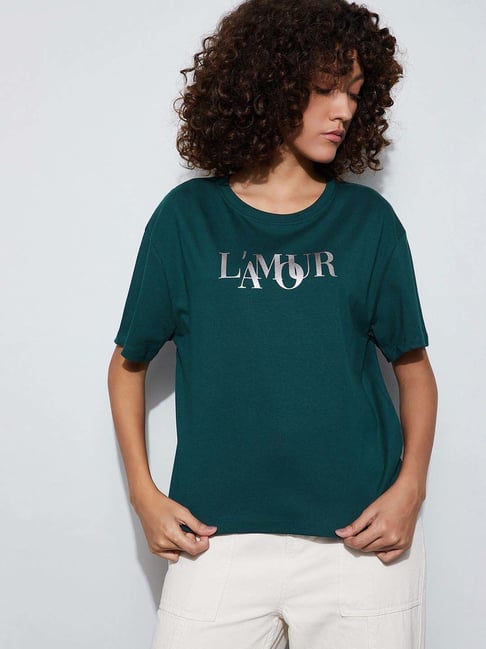 Fame Forever By Lifestyle Dark Green Cotton Regular Fit Printed T-Shirt