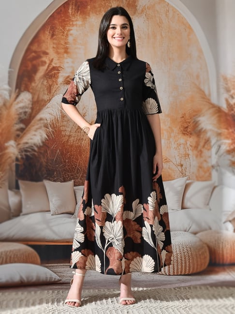 DECKEDUP Black Cotton Floral Dress