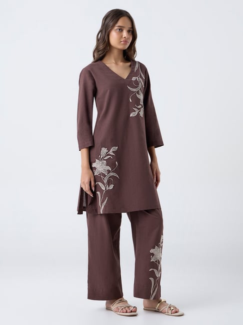 Utsa by Westside Brown Floral Embroidered Cotton-Blend A-Line Kurta-picture-23