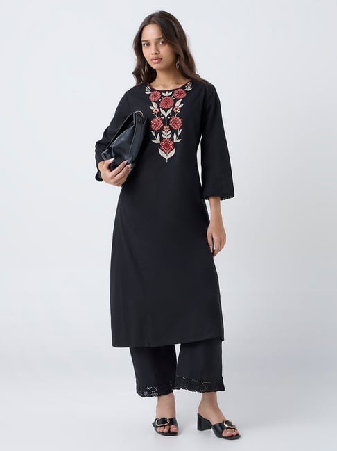 Utsa by Westside Black Floral Embroidered Cotton-Blend A-Line Kurta-picture-29
