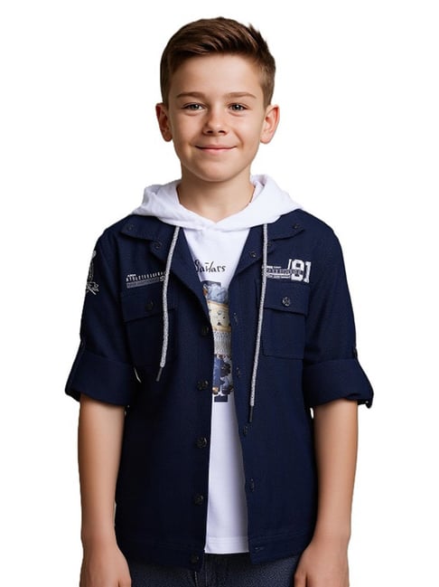 Cavio Boys Navy Blue Cotton Printed Shirt with T-Shirt