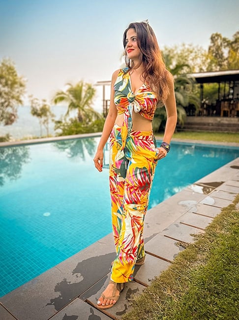 Aoba Multicolor Crepe Floral Print Beachwear Co-Ord Set