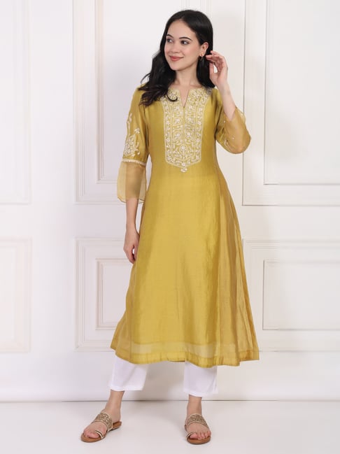 Folksong by W Mustard Cotton Silk Embroidered Kurti-picture-25