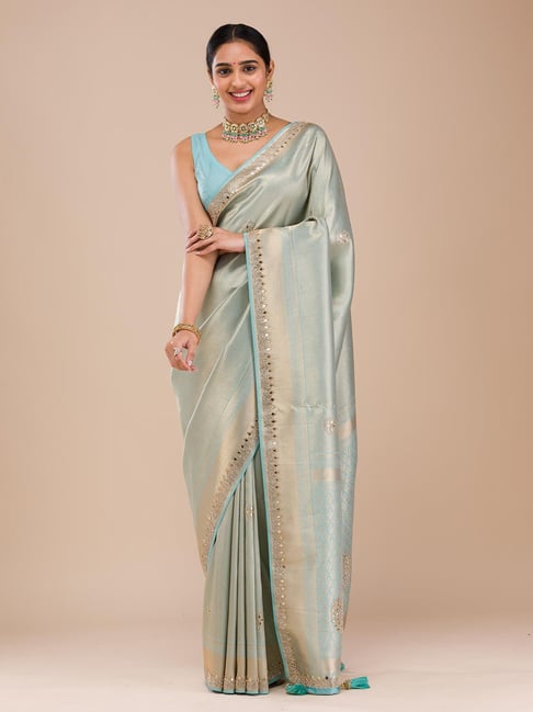 Koskii Sky Blue Mirrorwork Silk Saree-picture-16