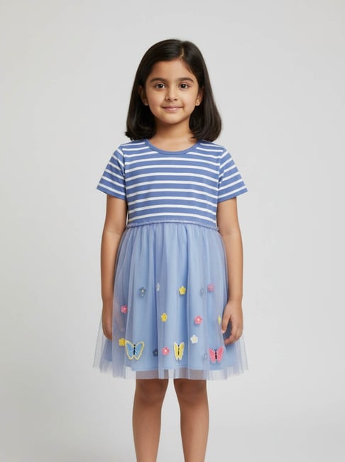 Biglilpeople Girls Light Blue Cotton Embroidery Dress