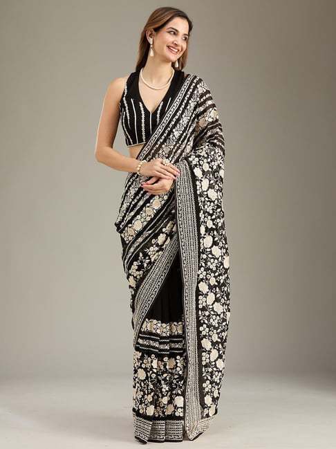 Koskii Black Threadwork Georgette Saree-picture-47