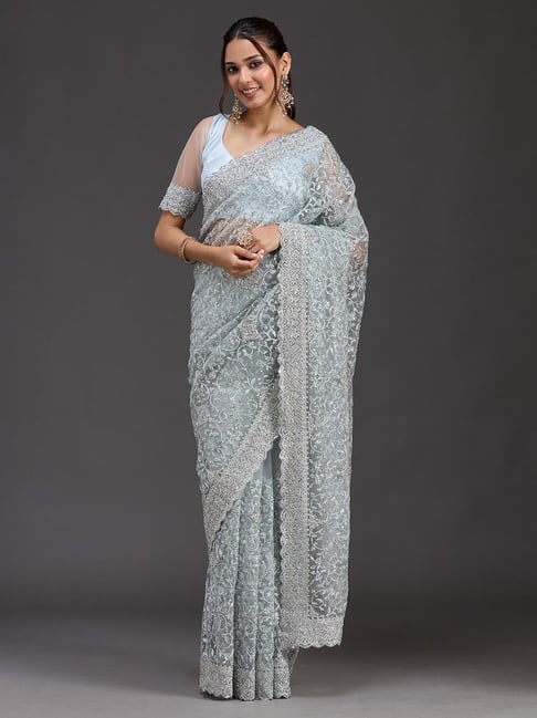 Koskii Sky Blue Stonework Chiffon Saree-picture-14