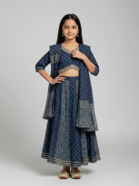 Biglilpeople Girls Navy Blue Cotton Printed Lehenga Choli Set