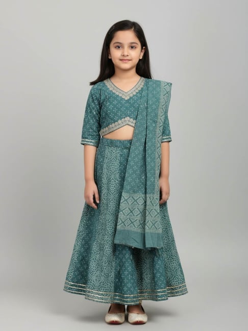 Biglilpeople Girls Teal Cotton Printed Lehenga Choli Set