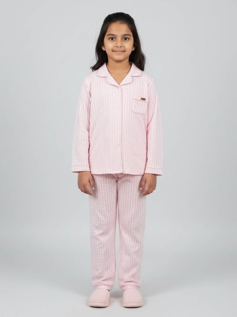 Biglilpeople Girls Pink Cotton Checks Night Suit
