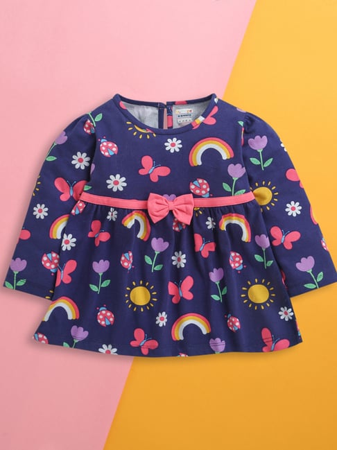 Bumzee Girls Navy Cotton Floral Print Regular Fit Dress