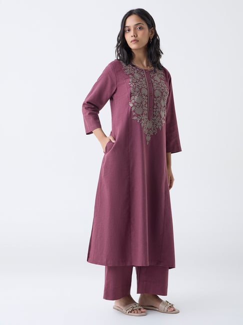 Utsa by Westside Wine Floral Embroidered Cotton A-Line Kurta-picture-38