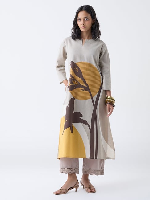 Utsa by Westside Taupe Printed Cotton-Blend A-Line Kurta-picture-33