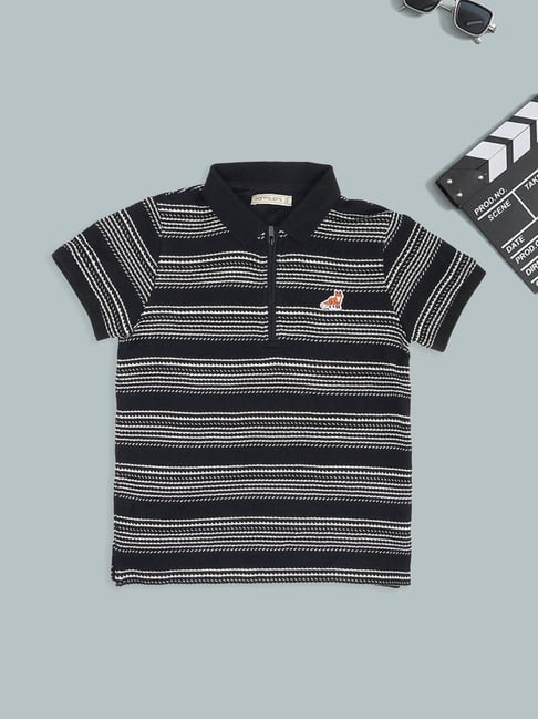 Pantaloons Junior Boys Jet Black Striped Polo T-Shirt