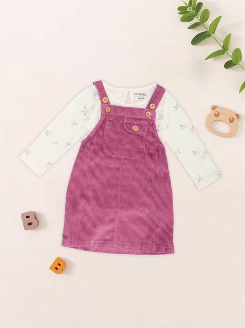 Pantaloons Baby Girls Moonlite Mauve Printed Dungaree Set