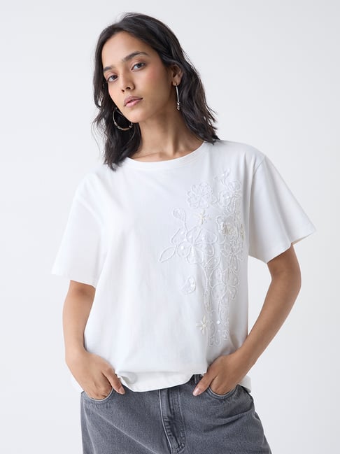 LOV by Westside White Floral Embellished Cotton T-Shirt