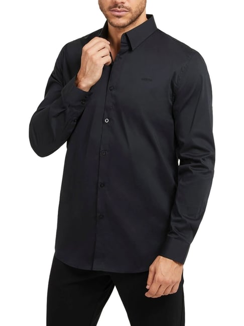 Guess Men's Black Cotton Solid Slim Fit Shirt Guess Men's Black Cotton Solid Slim Fit Shirt