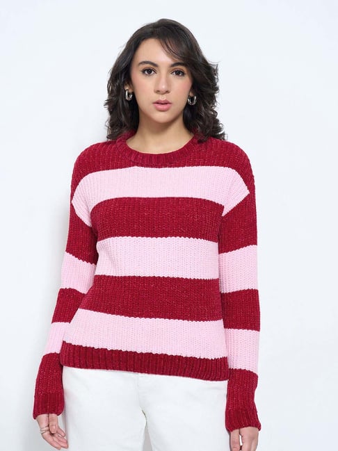 Sf Jeans By Pantaloons Pink Lady Loose Fit Striped Sweater-picture-27