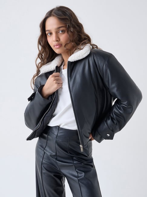 LOV by Westside Black Faux Leather Bomber Jacket-picture-28