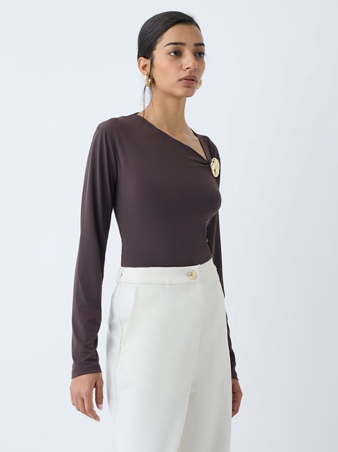 Wardrobe by Westside Dark Brown Buckle-Detailed Top