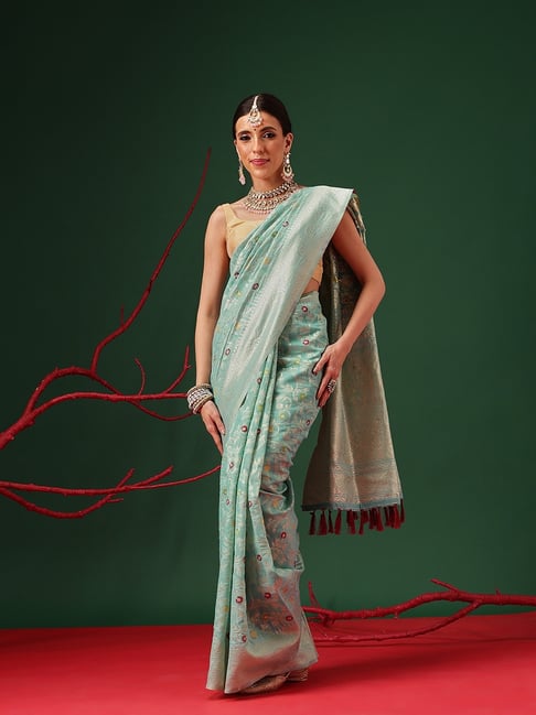 Silk Land Teal Cotton Emb Saree-picture-13