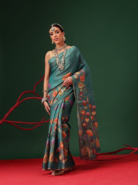 Silk Land Teal Cotton Silk Emb Saree-image-35