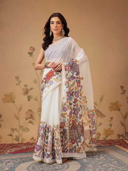 Silk Land Off White Cotton Blend Printed Saree-picture-24