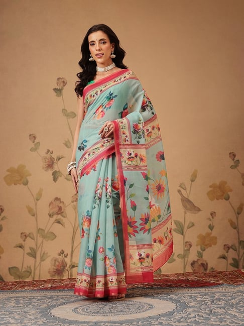 Silk Land Teal Cotton Blend Floral Saree-picture-12