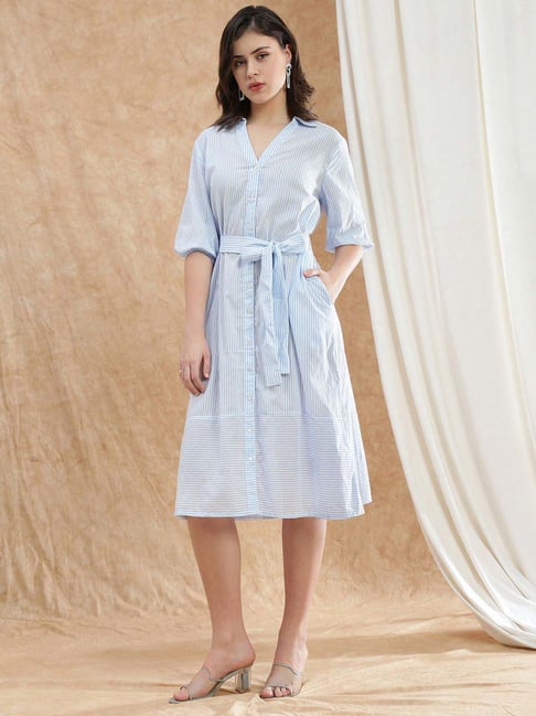 Globus Women Blue Collared Neck Puff Sleeves Striped Midi Workwear Shirt Dress With Belt