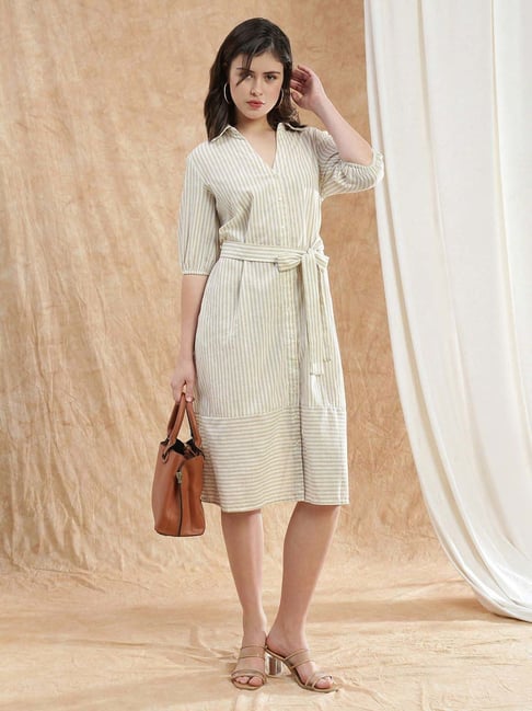 Globus Women Brown Collared Neck Puff Sleeves Striped Midi Workwear Shirt Dress With Belt-picture-47