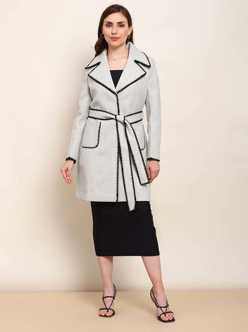 Globus Women Beige Solid Notched Lapel Embriodered Detail Knee Length Belted Winterwear Overcoat-picture-39