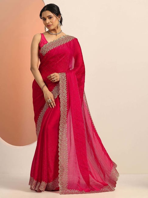 Libas Red Embellished Saree With Unstitched Blouse-picture-13