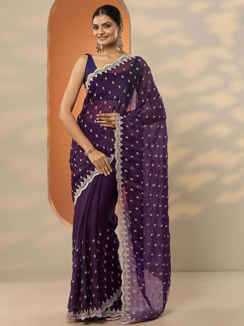 Libas Purple Embroidered Saree With Unstitched Blouse-picture-15