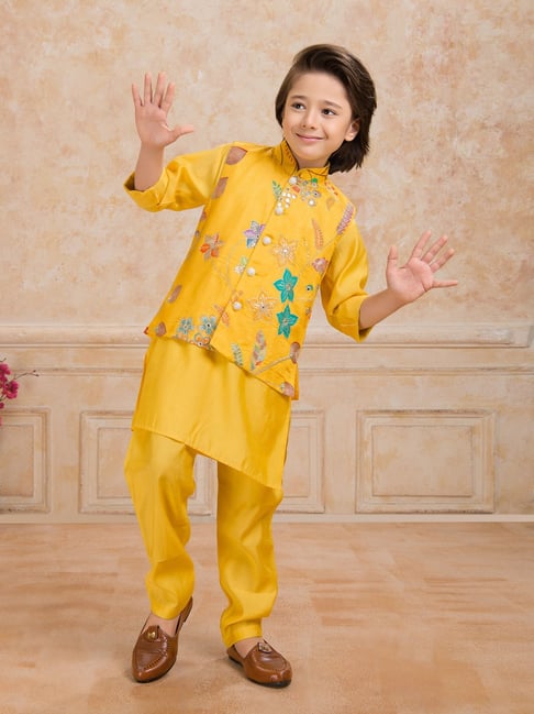 Ministitch Boys Yellow Sequenced Regular Fit Kurta Set