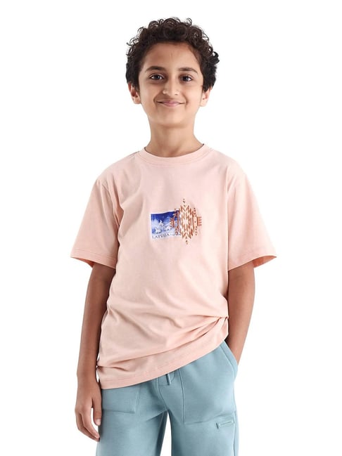Rare Ones Boys Peach Cotton Graphic Print Regular Fit T-Shirt