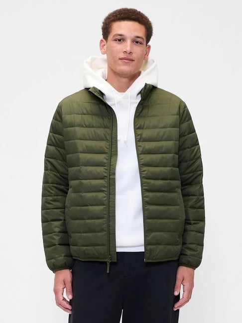 GAP Olive Green Solid Regular Fit Long Sleeves Puffer Jacket
