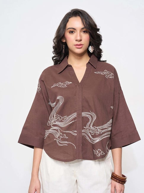 Akkriti By Pantaloons Brown Loose Fit Embroidered Shirt