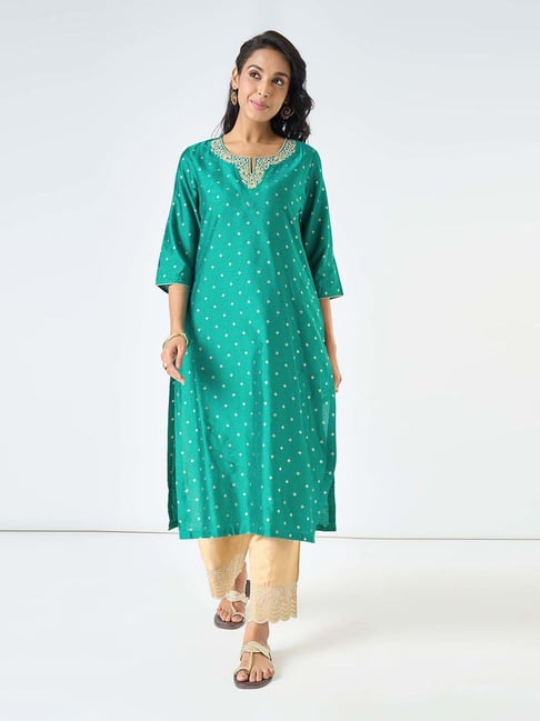 Rangmanch By Pantaloons Green Regular Fit Embroidered Kurta-picture-30